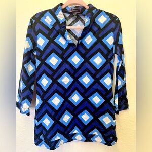 Golftini Blue Geometric‎ 3/4 Sleeve Tunic Shirt Sz S EUC